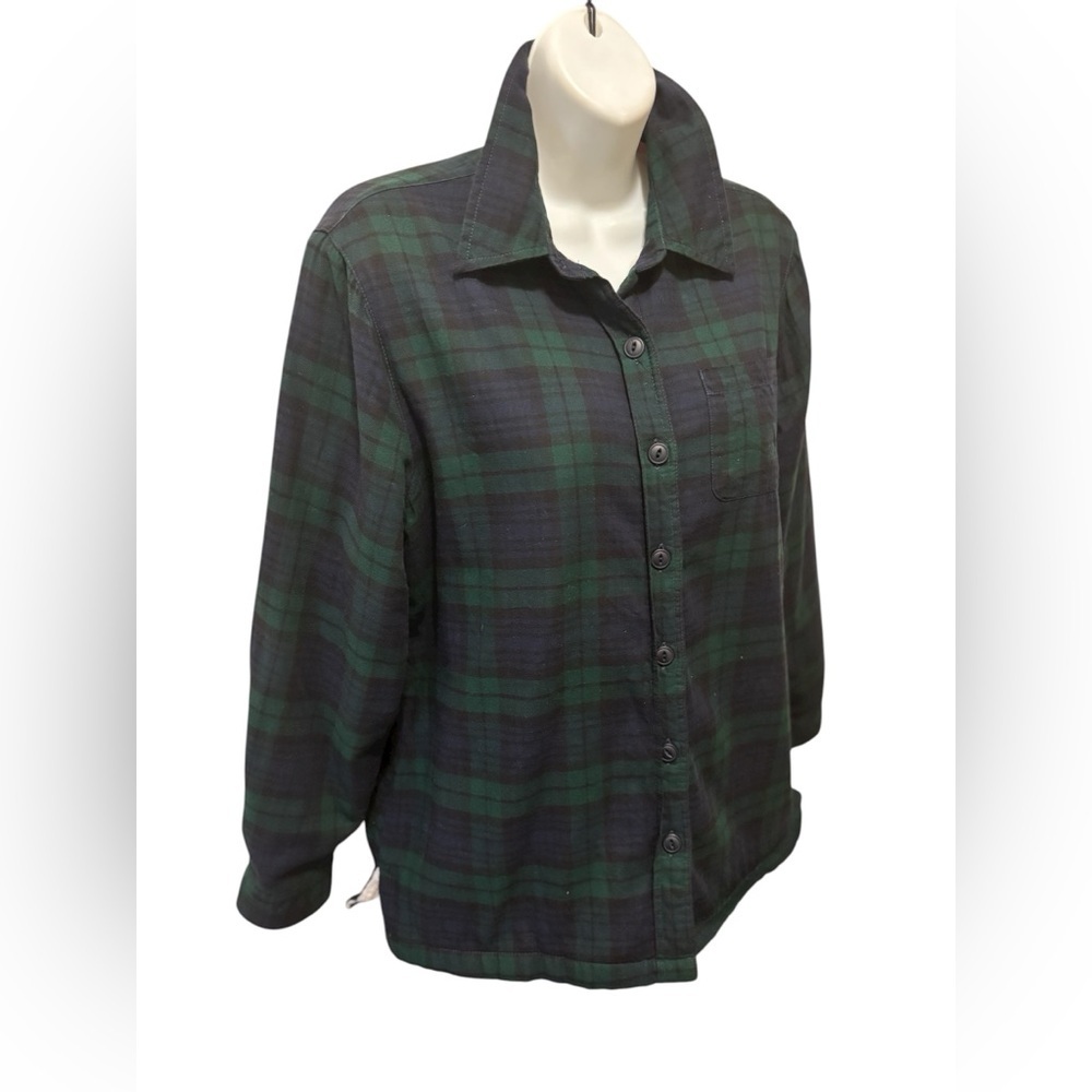 L.L. Bean Scotch Plaid Flannel Shacket Sherpa-Lined XS Green Navy Button Up Cozy - Picture 2 of 6